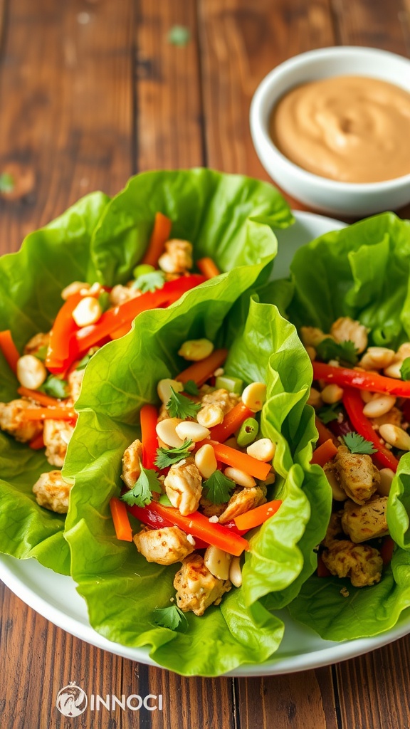 Thai Peanut Chicken Lettuce Wraps filled with chicken, veggies, crushed peanuts, and garnished with cilantro.
